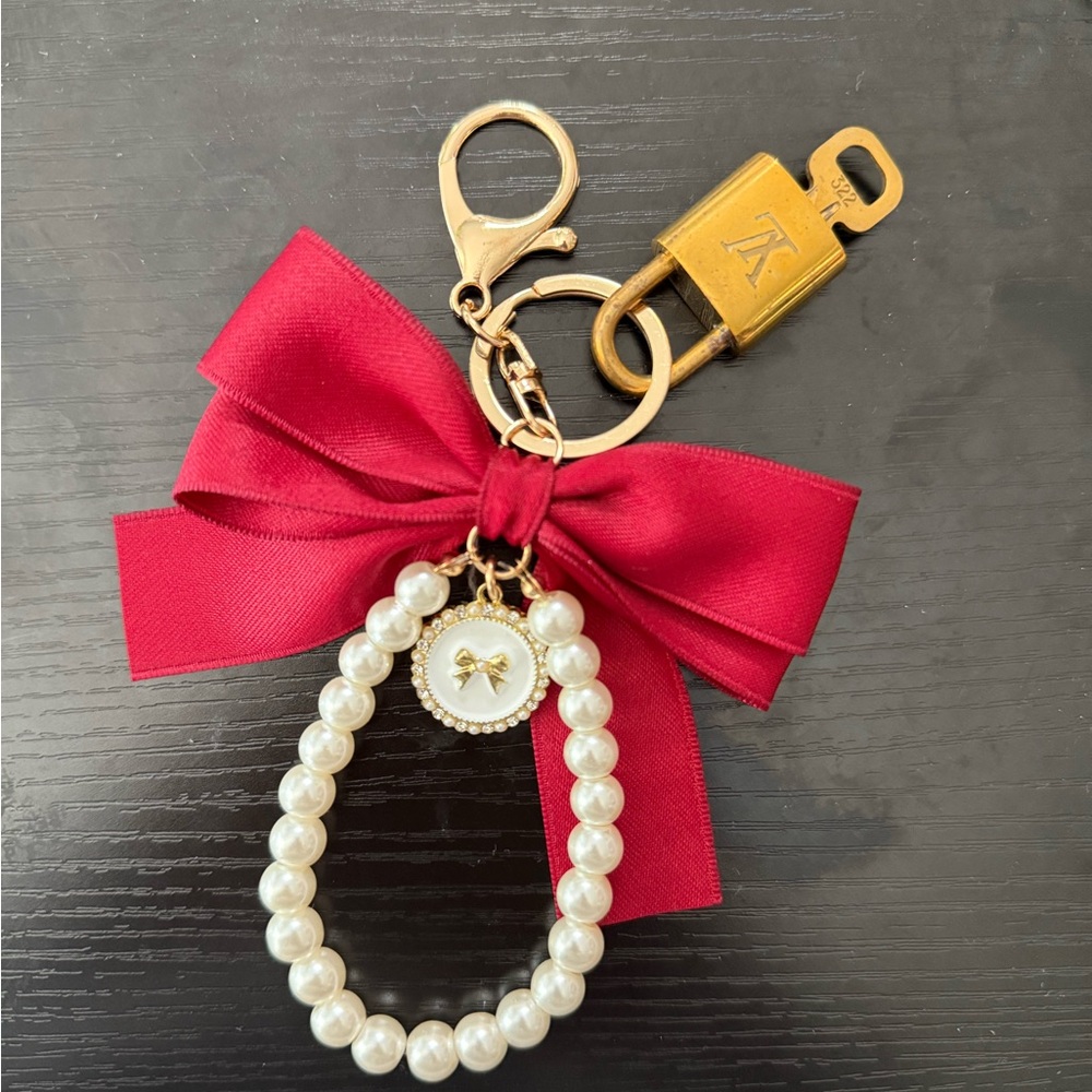 Pearl Keychain with Red Bow and authentic LV lock and key